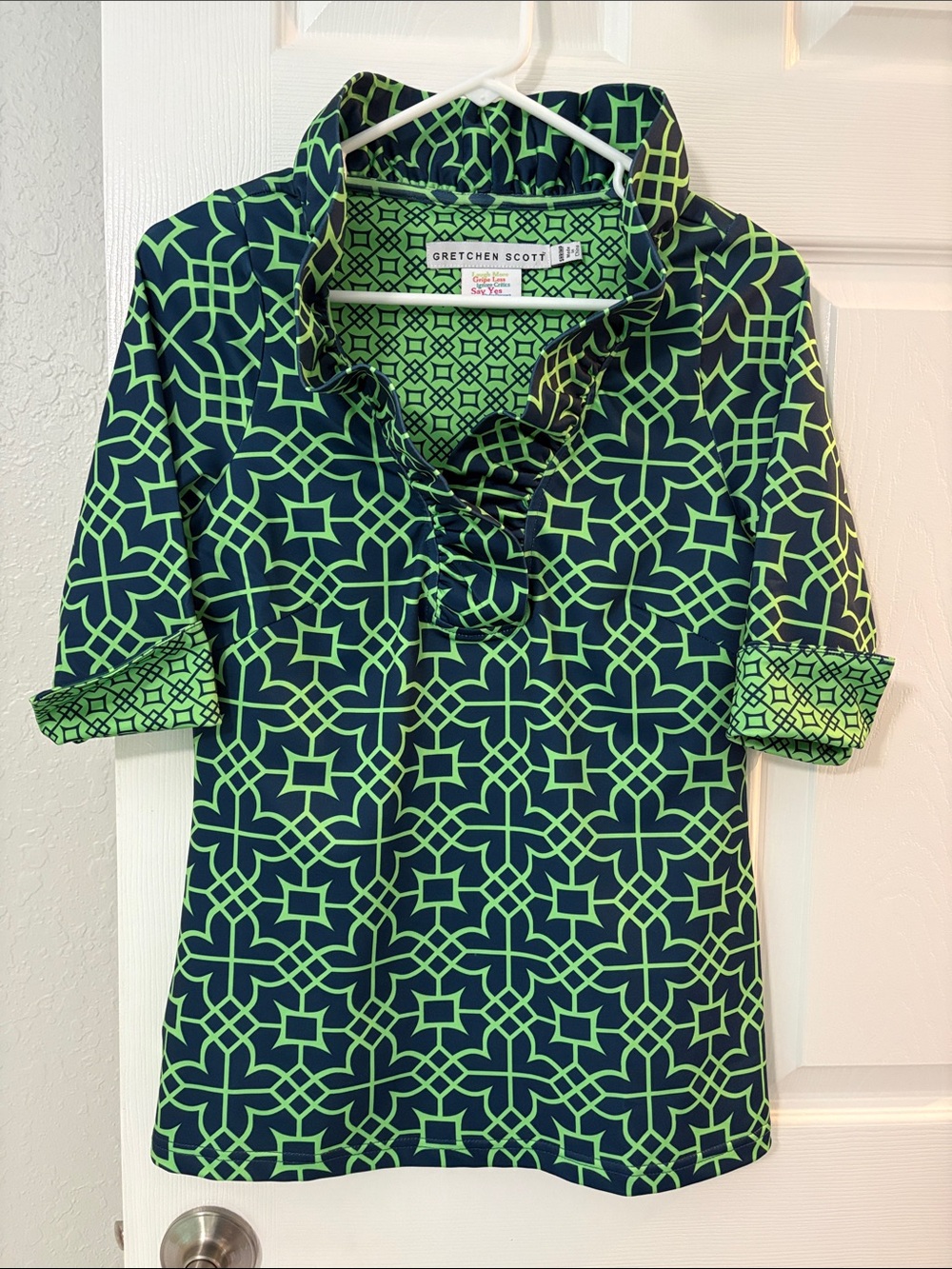 Gretchen Scott Ruffle Neck Tunic Navy Green Geometric Print 3/4 Sleeve